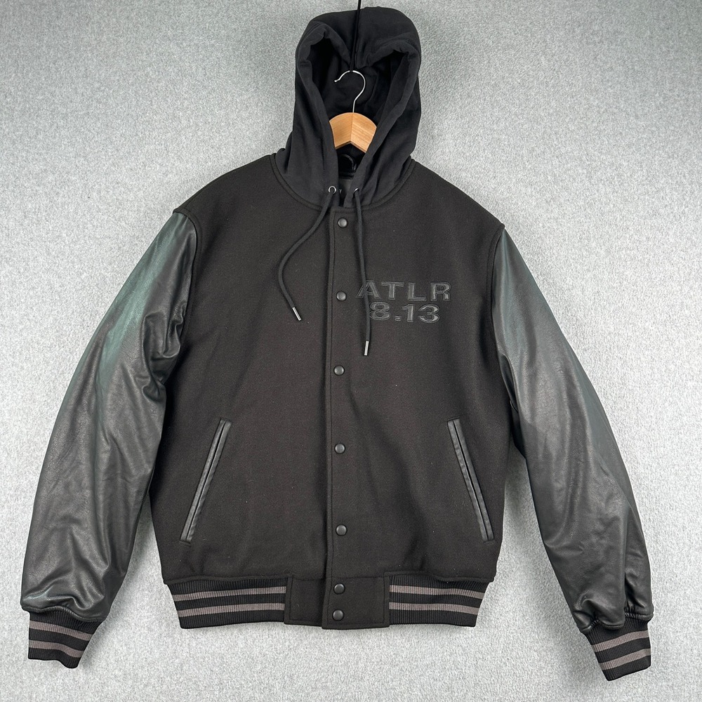 H&M Jacket Mens M Black ATLR 8.13 Hooded Varsity Bomber Faux Leather Sleeve Wool